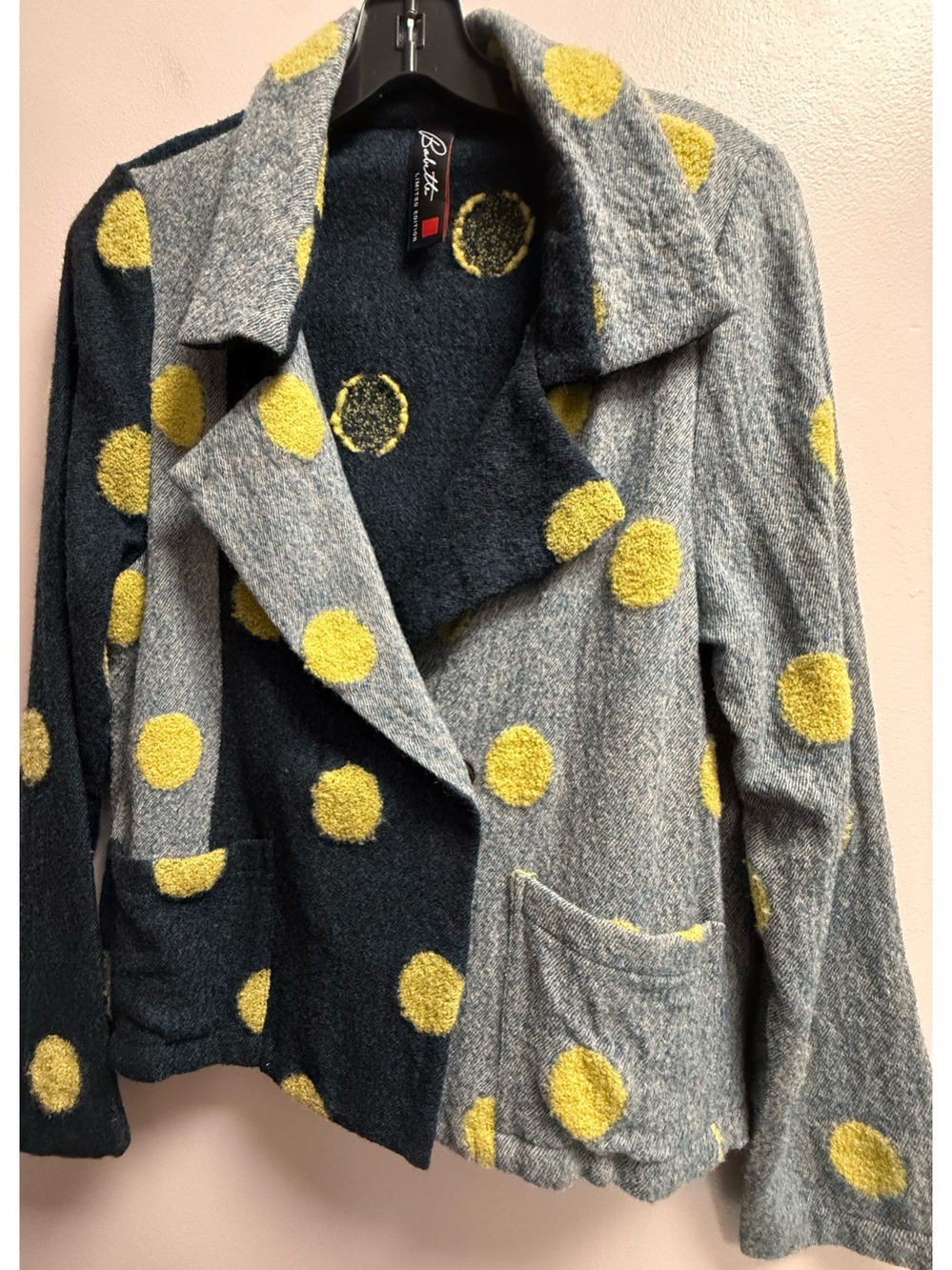 EUVC Babette Navy + Light Blue w/Chartreuse Polka Dot Wool-Blend Retro Blazer